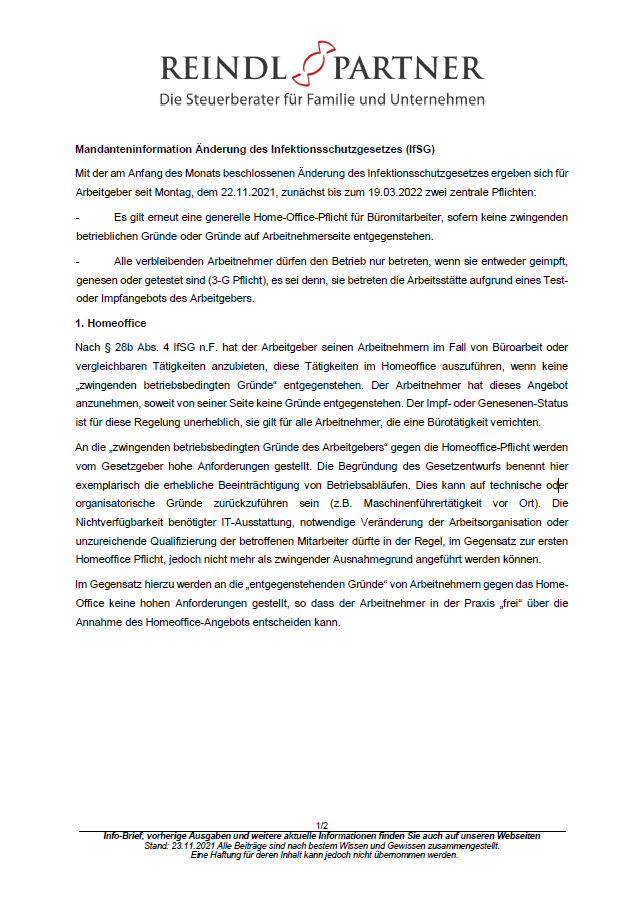 Änderung des Infektionsschutzgesetz Reindl & Partner